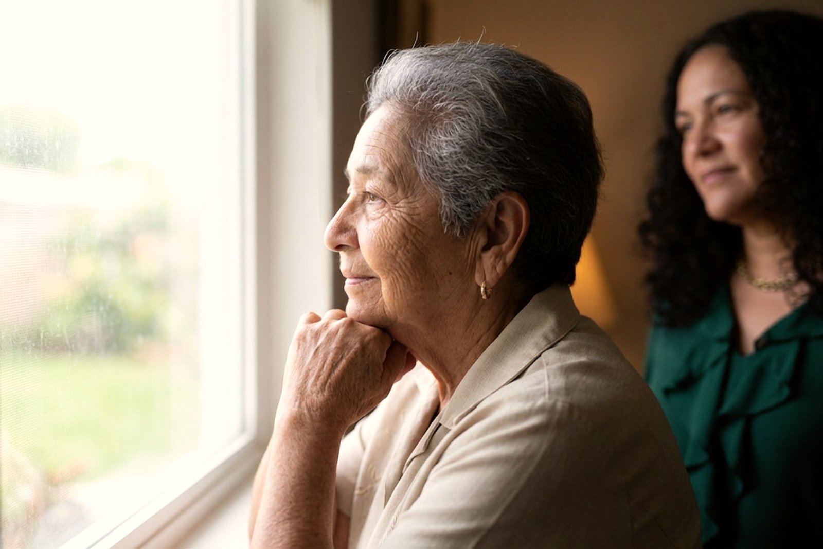 An older woman looking out of a window while a younger woman sits with her